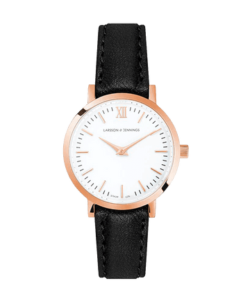 Lugano Black Leather 26mm Rose Gold Satin White - Larsson & Jennings | Official Store