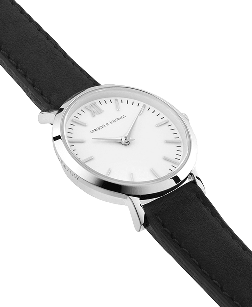 Lugano Black Leather 26mm Silver Satin White - Larsson & Jennings | Official Store